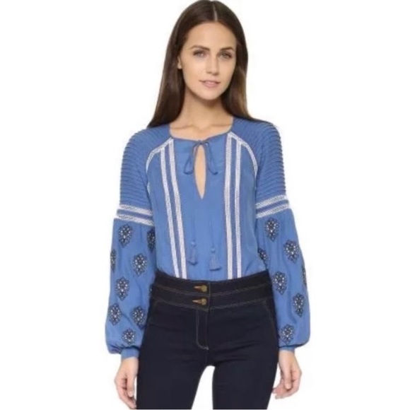 Veronica Beard Alpine Silk Embroidered Blouse Blue Long Sleeve Tassel Sz 4
